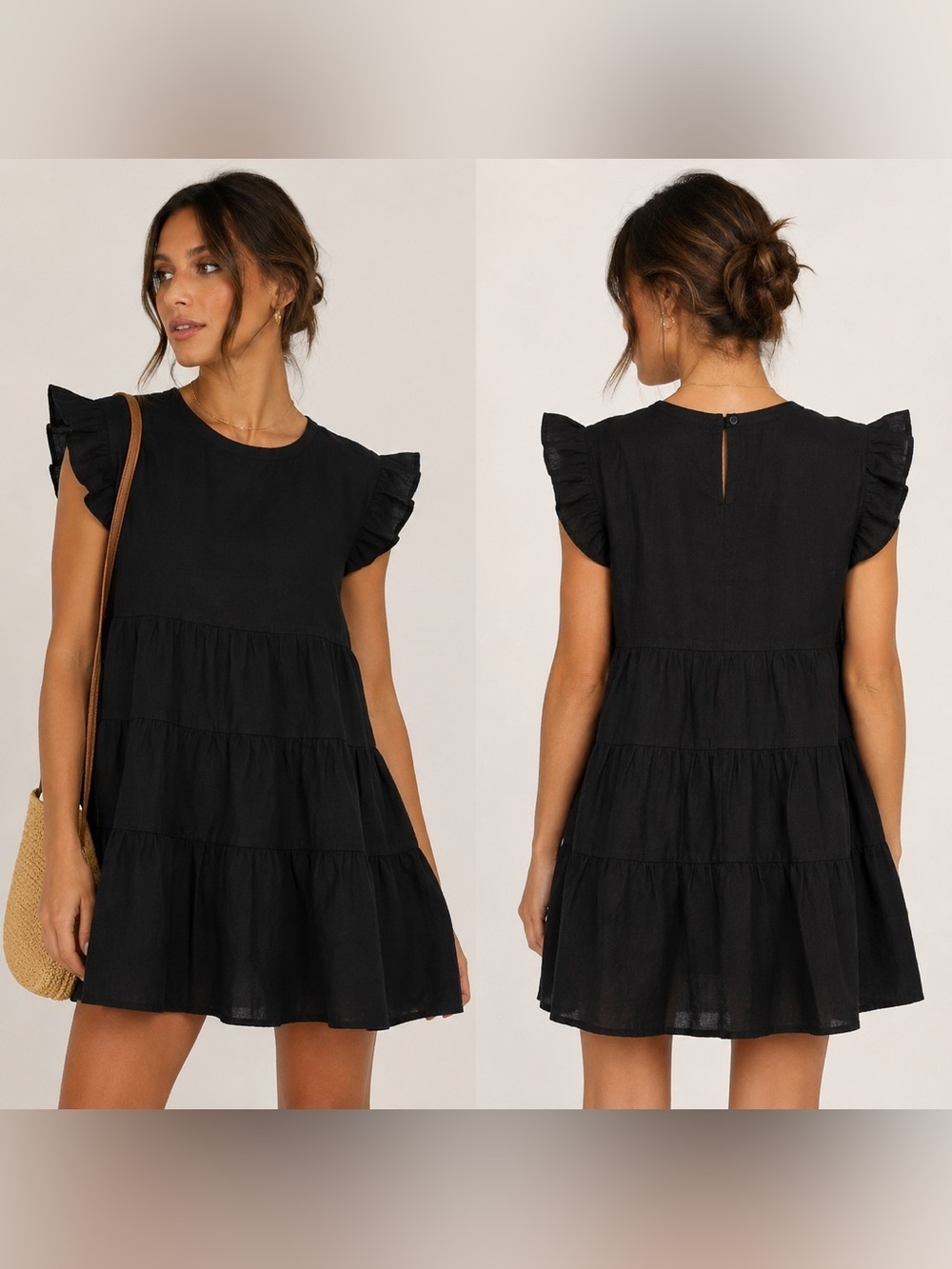 Adyson Parker black linen blend tiered shift dress Small